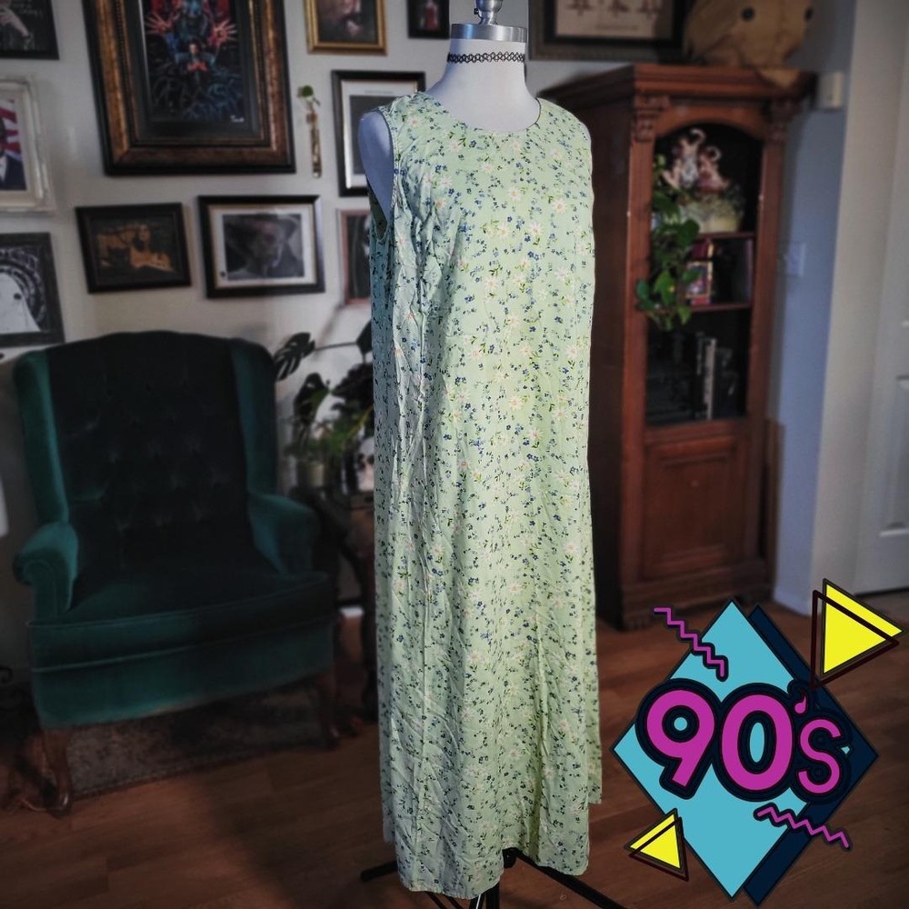 Studio Ease Floral Dress Vintage 90s Clothing Company Green Maxi Sleeveless